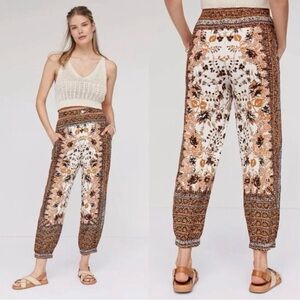 By Anthropologie Printed Joggers Linen Blend Brown Motif Boho Floral Size 6